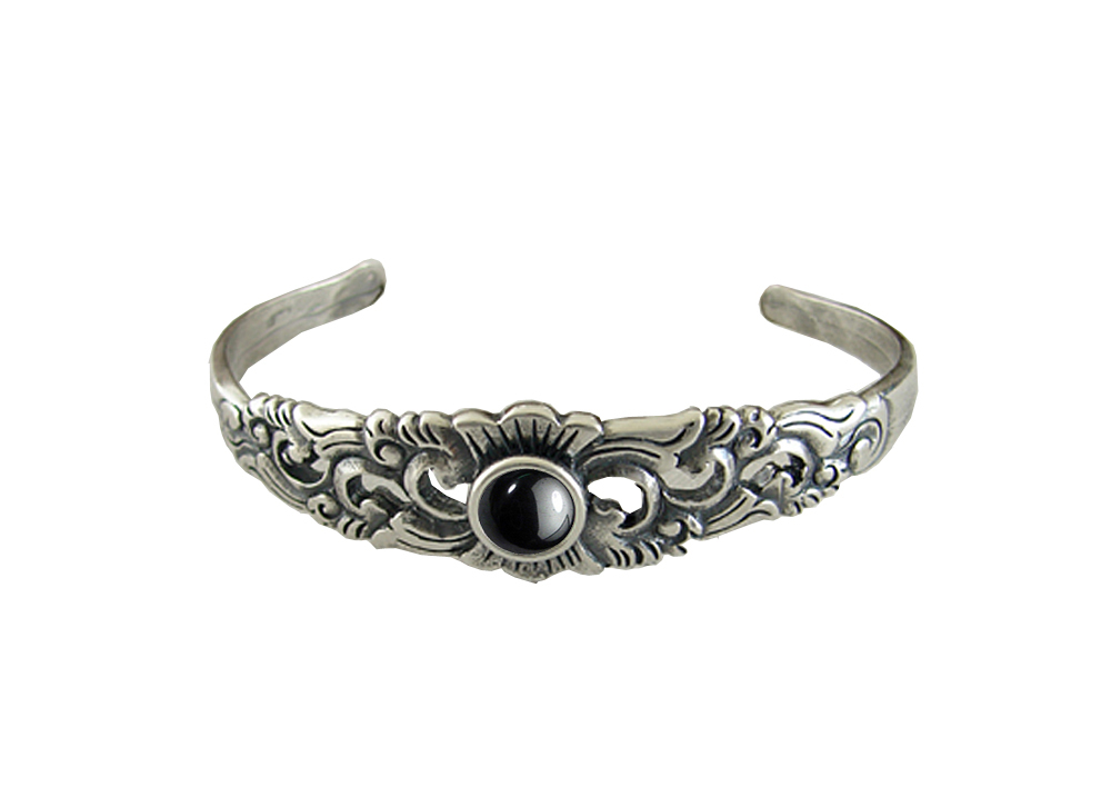 Sterling Silver Detailed Cuff Bracelet With Hematite